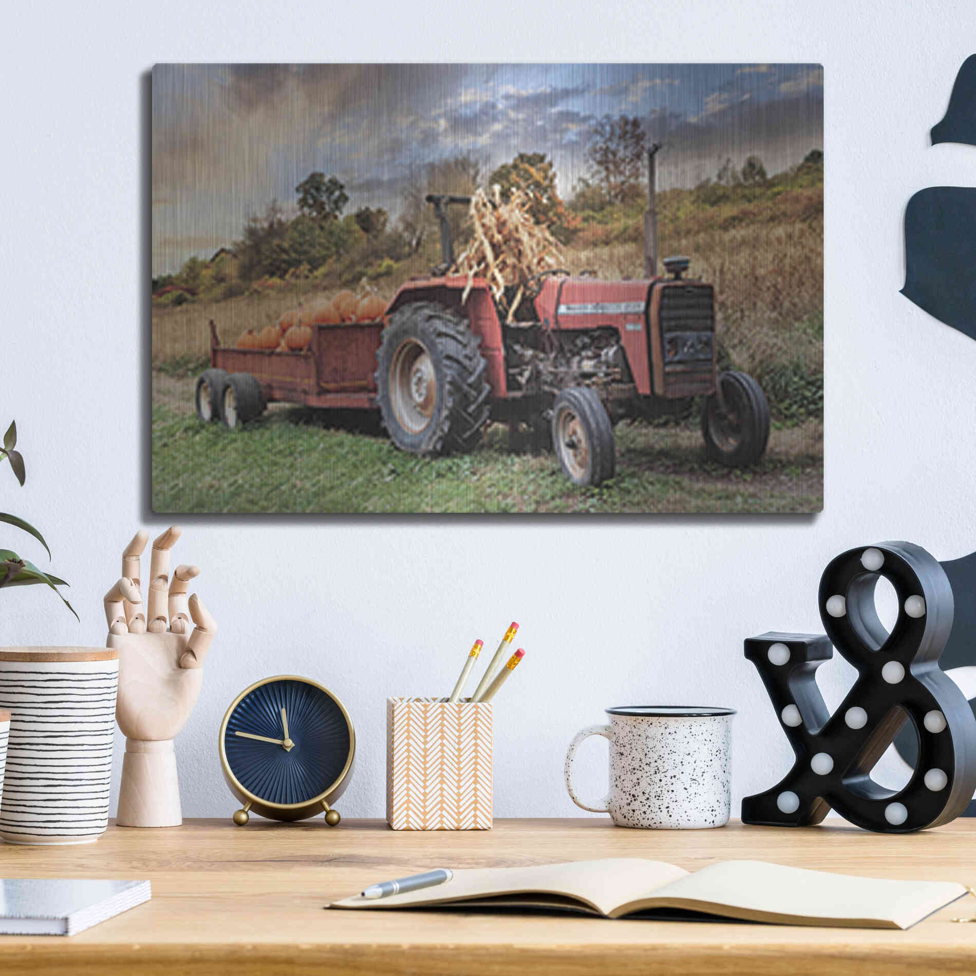 Luxe Metal Art 'Pumpkin Harvest Tractor' by Lori Deiter, Metal Wall Art,16x12