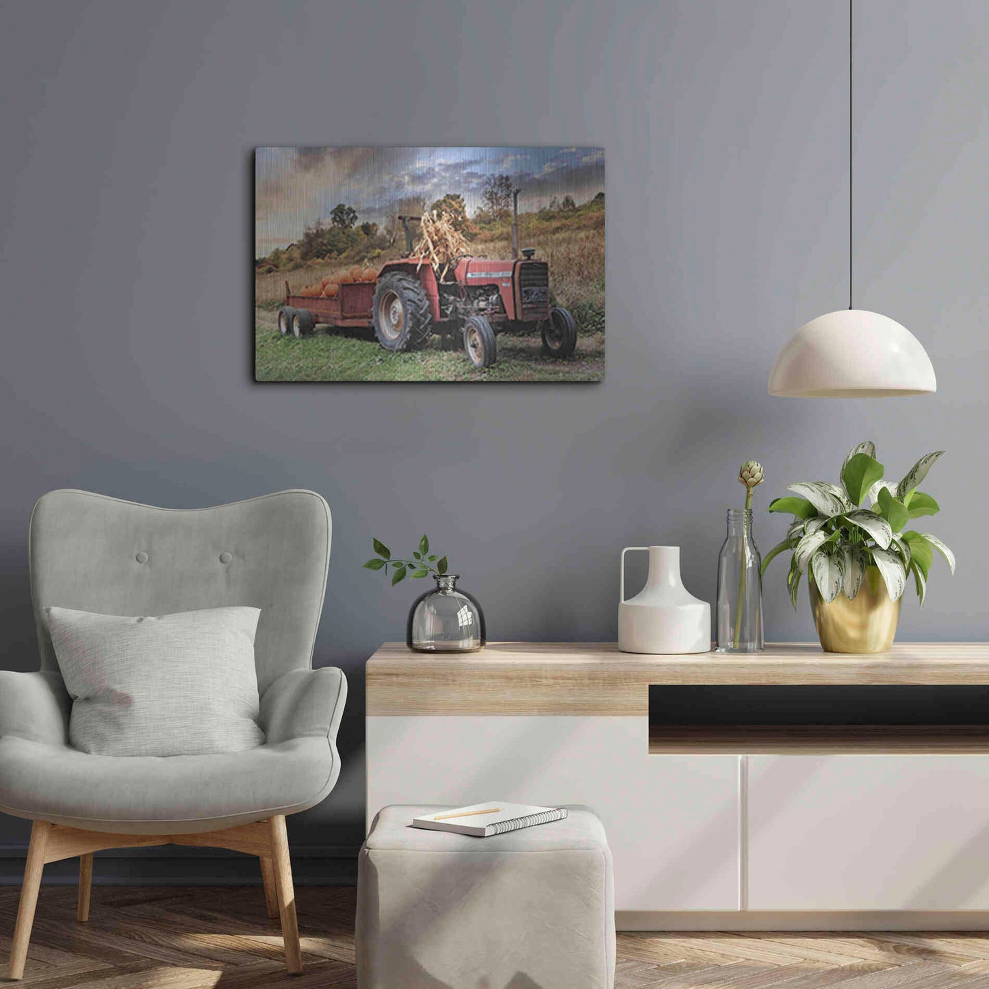 Luxe Metal Art 'Pumpkin Harvest Tractor' by Lori Deiter, Metal Wall Art,24x16