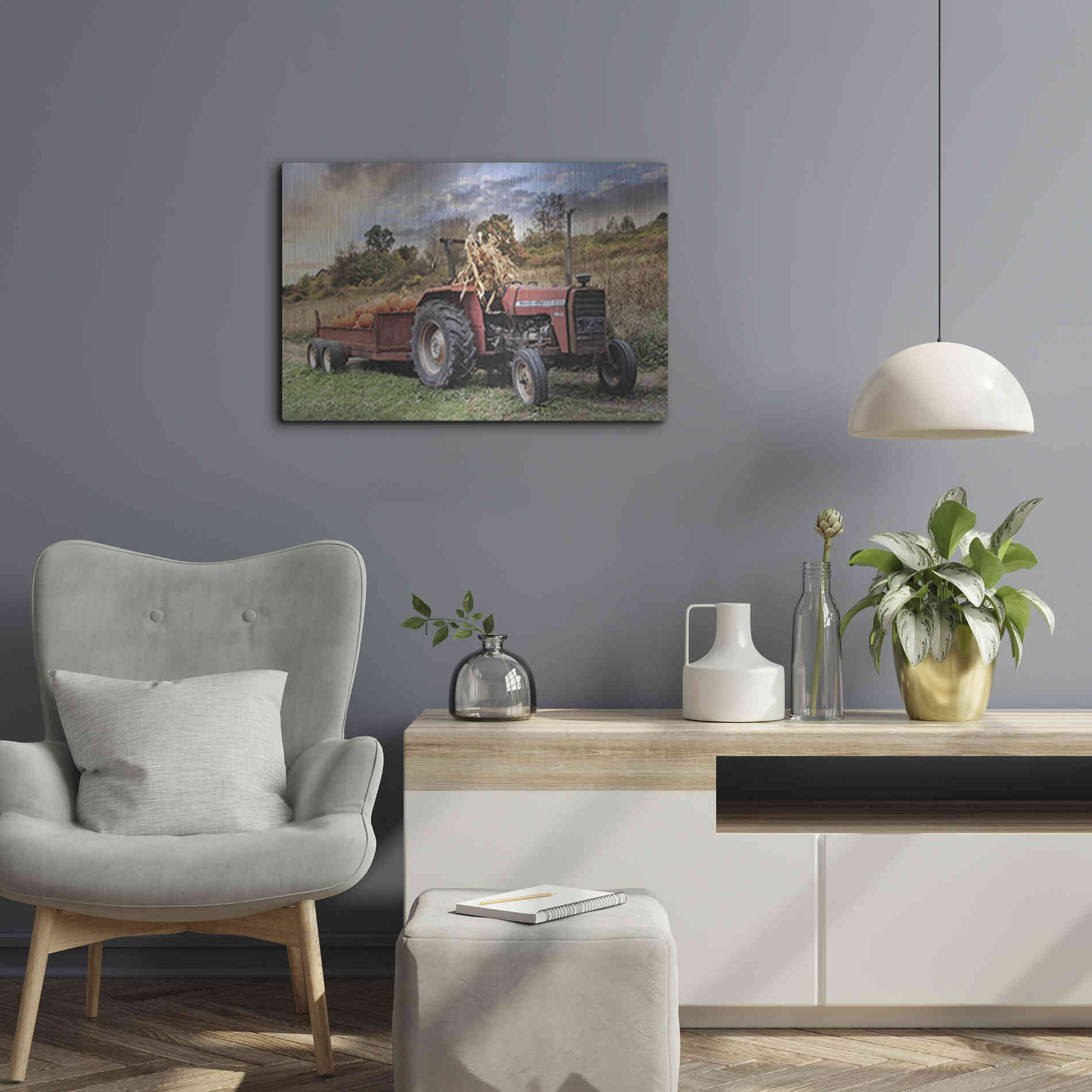 Luxe Metal Art 'Pumpkin Harvest Tractor' by Lori Deiter, Metal Wall Art,24x16