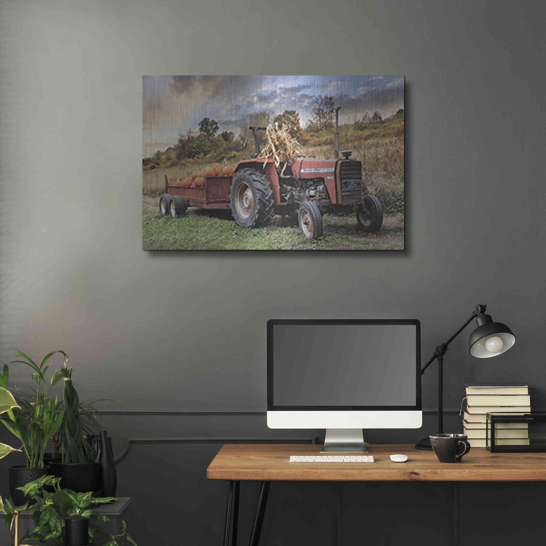 Luxe Metal Art 'Pumpkin Harvest Tractor' by Lori Deiter, Metal Wall Art,36x24