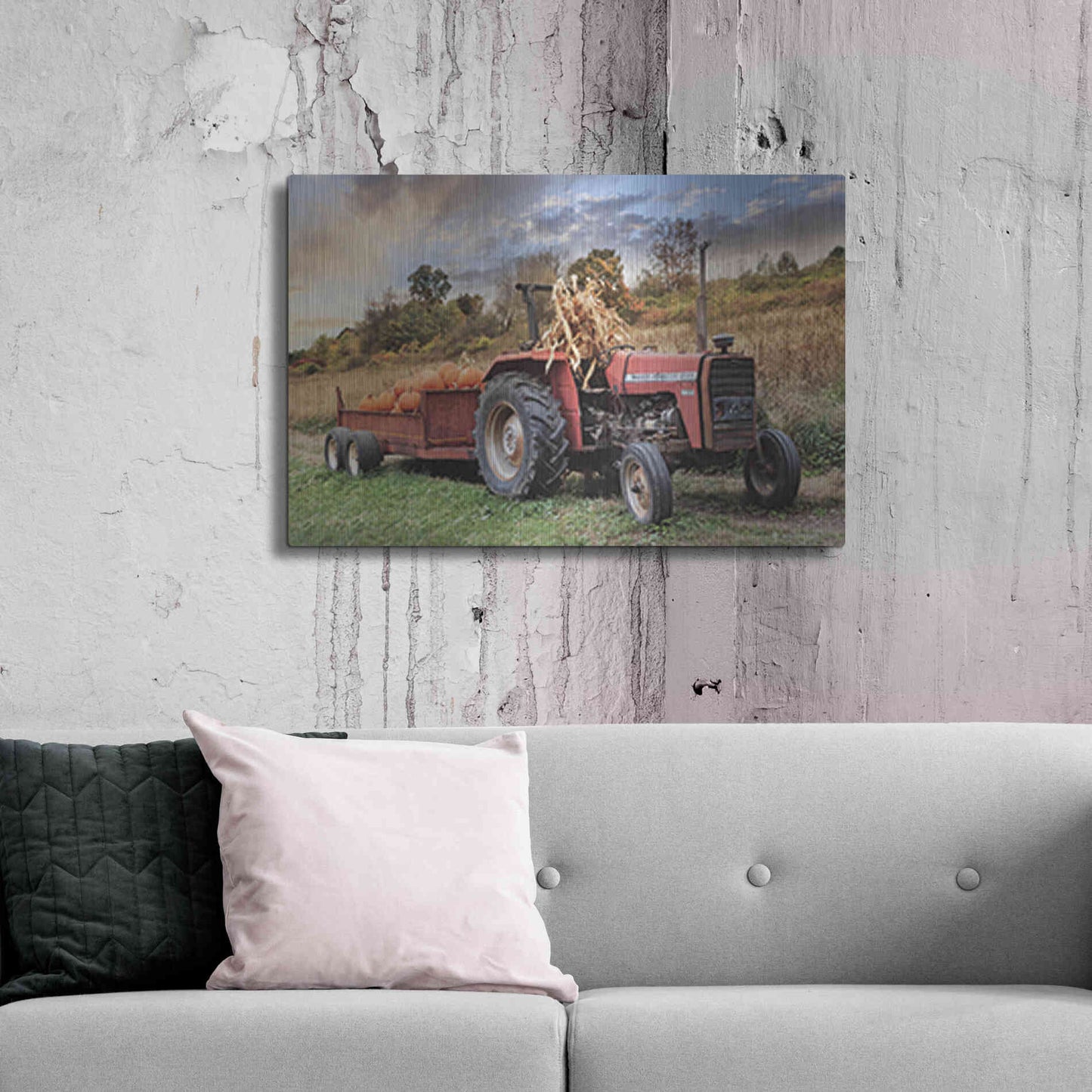 Luxe Metal Art 'Pumpkin Harvest Tractor' by Lori Deiter, Metal Wall Art,36x24