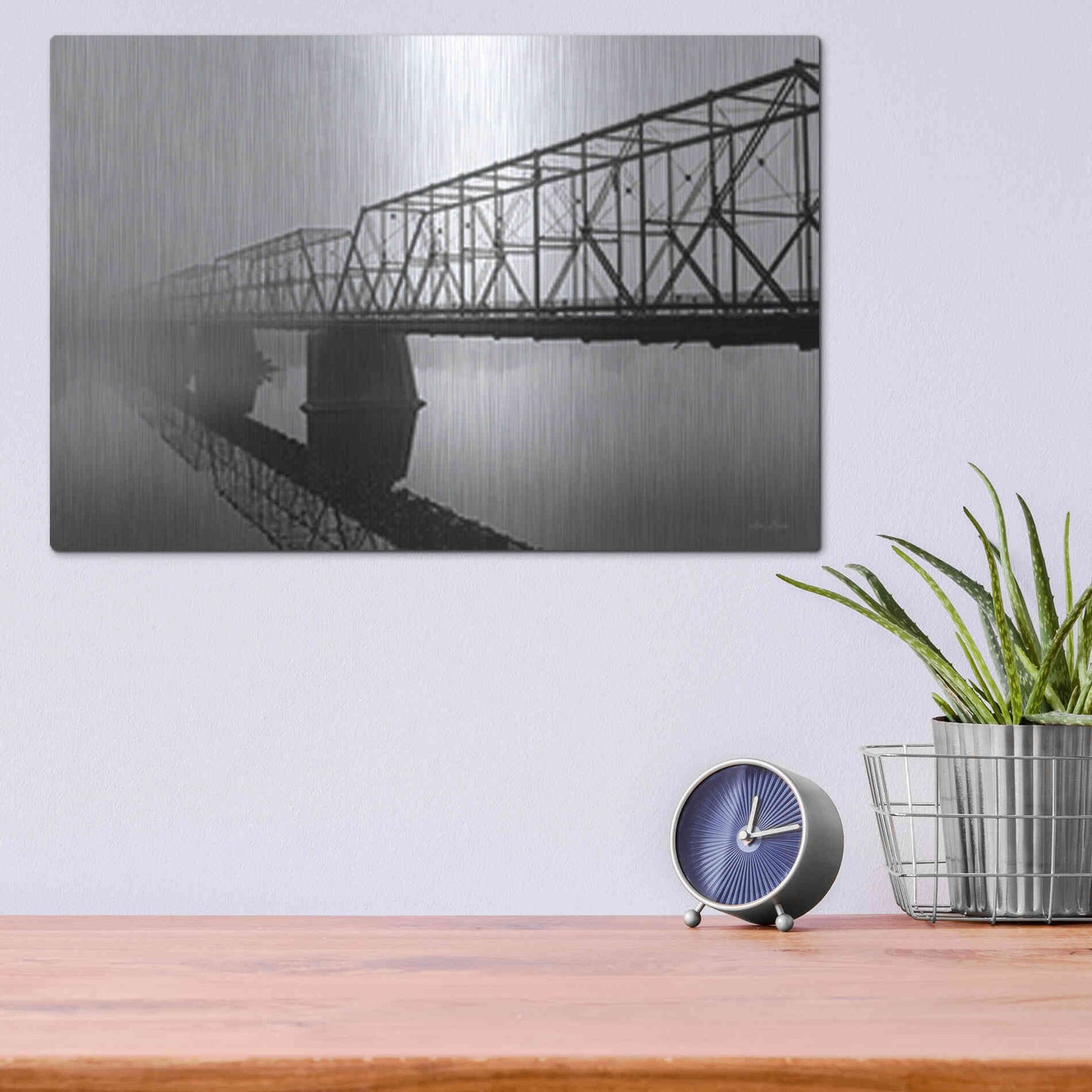 Luxe Metal Art 'Foggy Morning Bridge' by Lori Deiter, Metal Wall Art,16x12