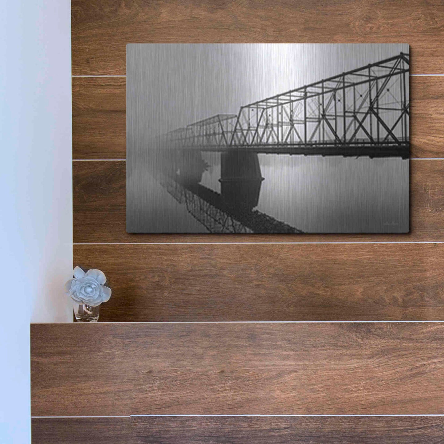 Luxe Metal Art 'Foggy Morning Bridge' by Lori Deiter, Metal Wall Art,16x12