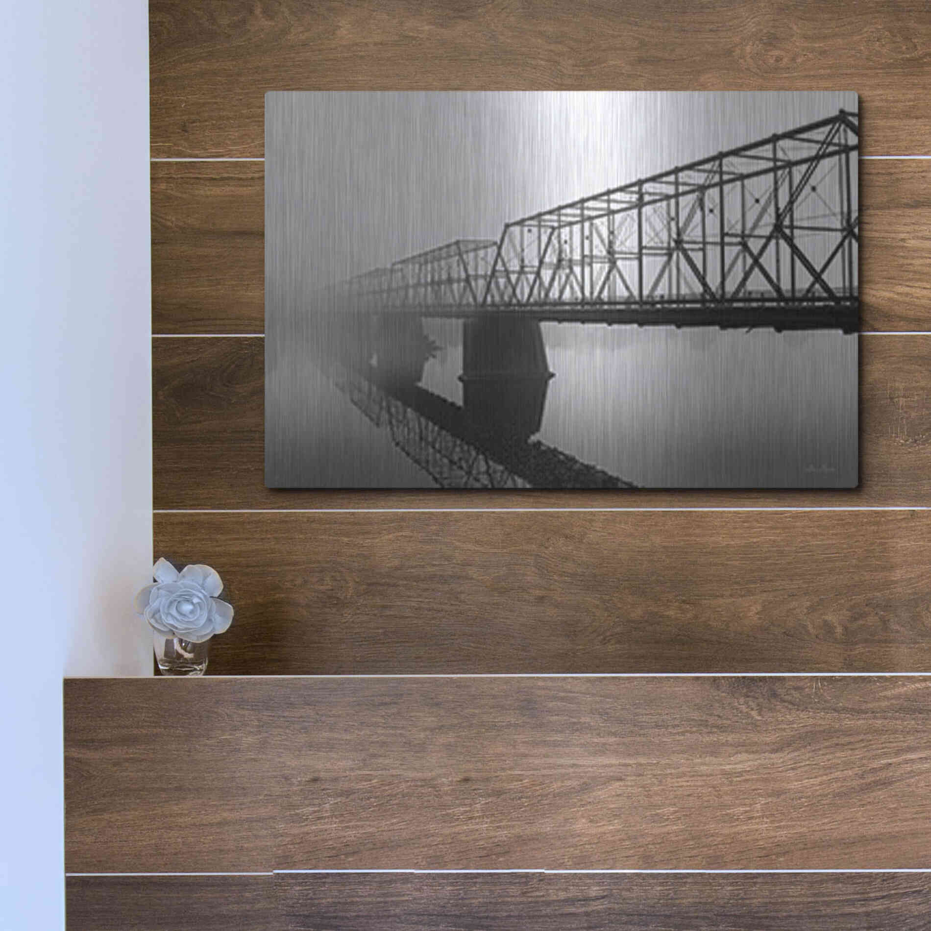 Luxe Metal Art 'Foggy Morning Bridge' by Lori Deiter, Metal Wall Art,16x12