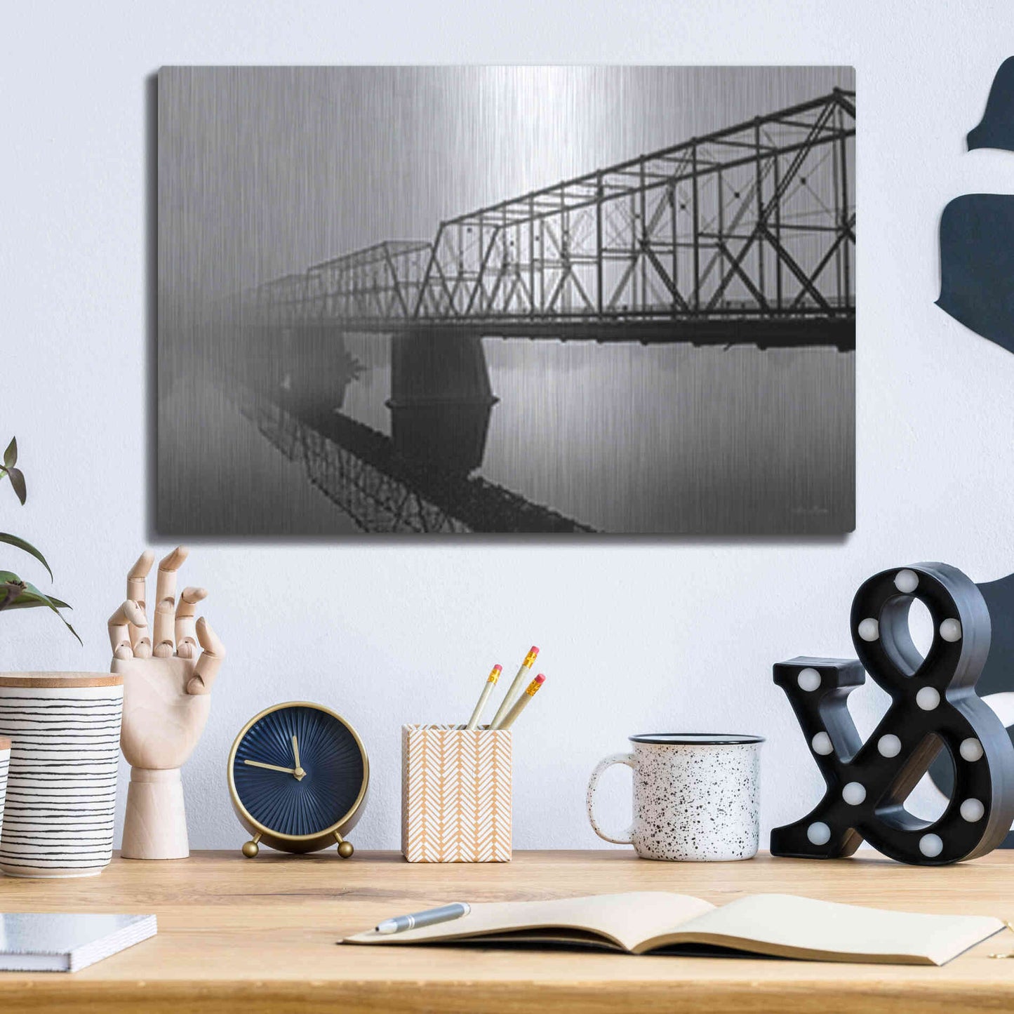 Luxe Metal Art 'Foggy Morning Bridge' by Lori Deiter, Metal Wall Art,16x12