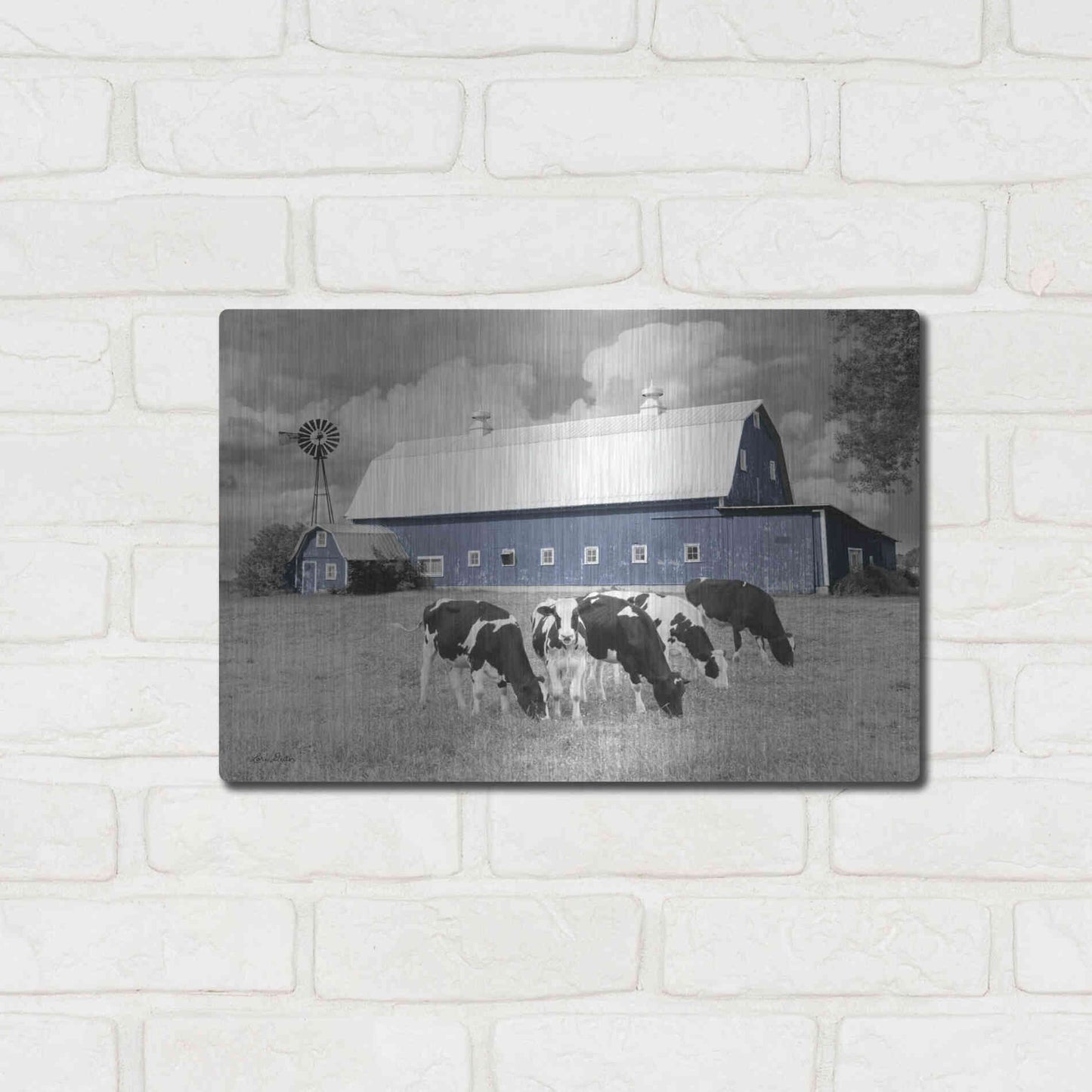 Luxe Metal Art 'Blue Barn with Cows' by Lori Deiter, Metal Wall Art,16x12
