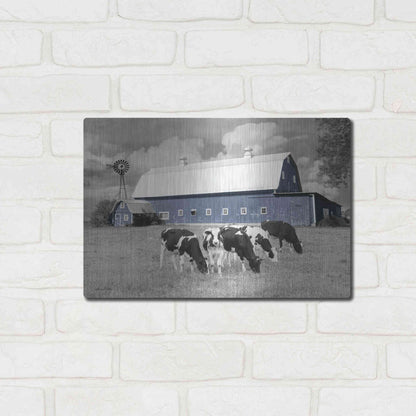 Luxe Metal Art 'Blue Barn with Cows' by Lori Deiter, Metal Wall Art,16x12