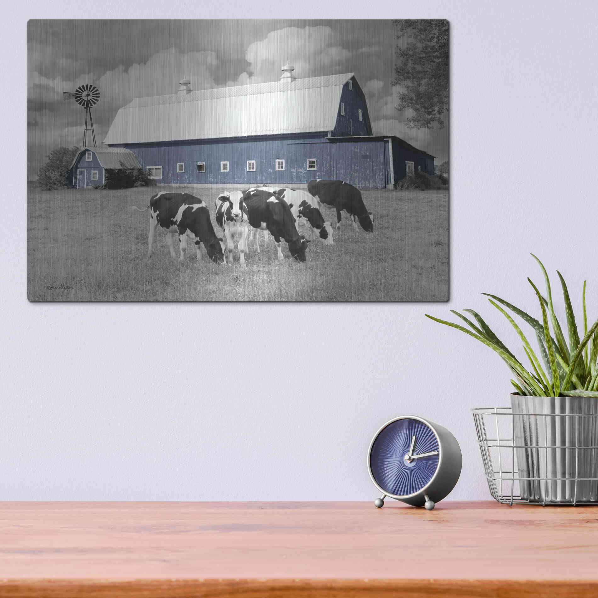 Luxe Metal Art 'Blue Barn with Cows' by Lori Deiter, Metal Wall Art,16x12