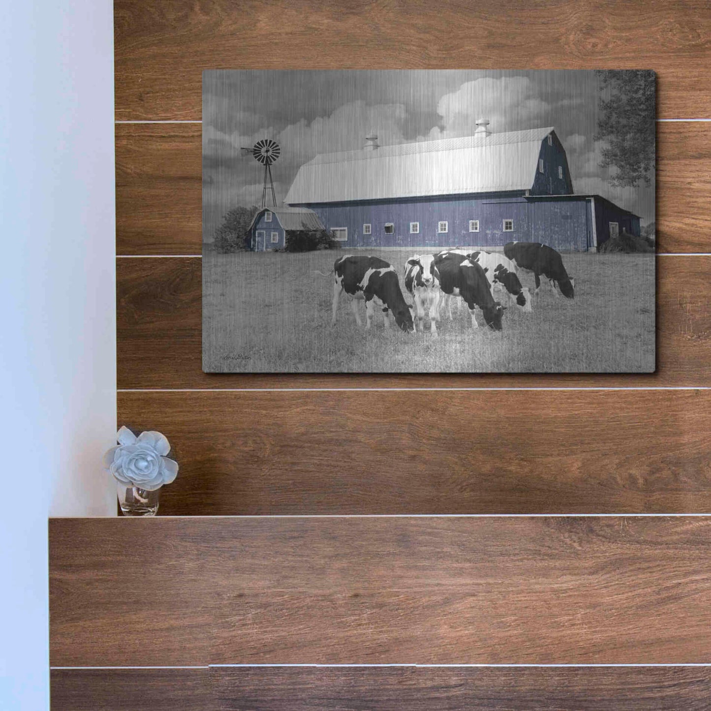 Luxe Metal Art 'Blue Barn with Cows' by Lori Deiter, Metal Wall Art,16x12