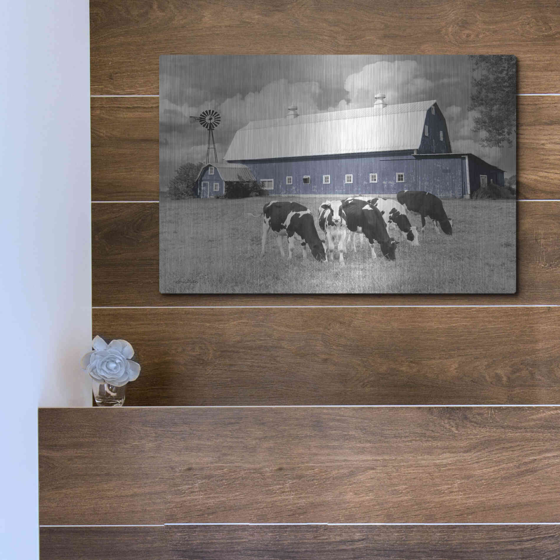 Luxe Metal Art 'Blue Barn with Cows' by Lori Deiter, Metal Wall Art,16x12