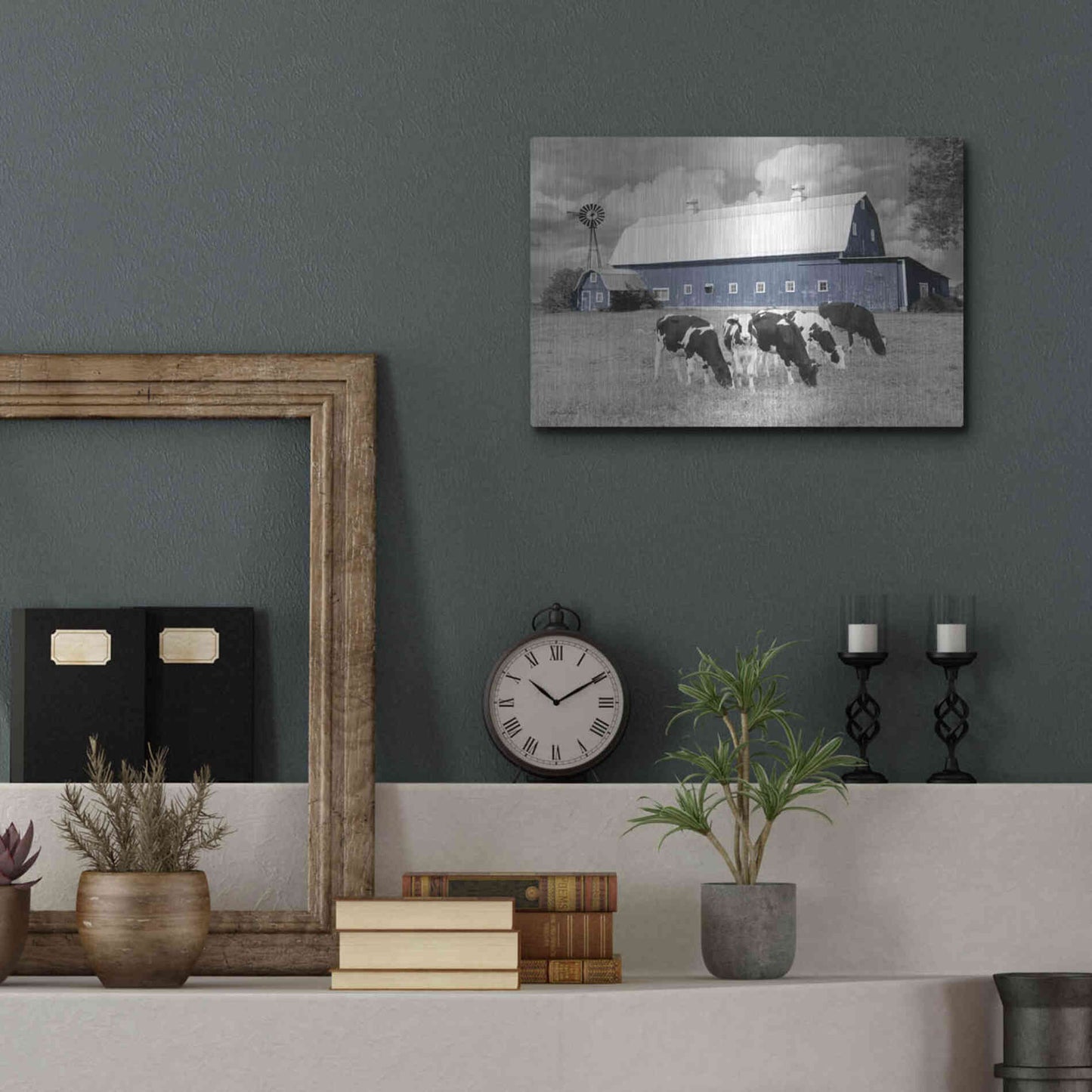 Luxe Metal Art 'Blue Barn with Cows' by Lori Deiter, Metal Wall Art,16x12