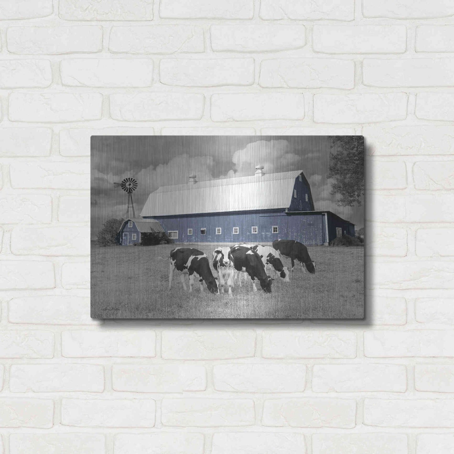 Luxe Metal Art 'Blue Barn with Cows' by Lori Deiter, Metal Wall Art,24x16