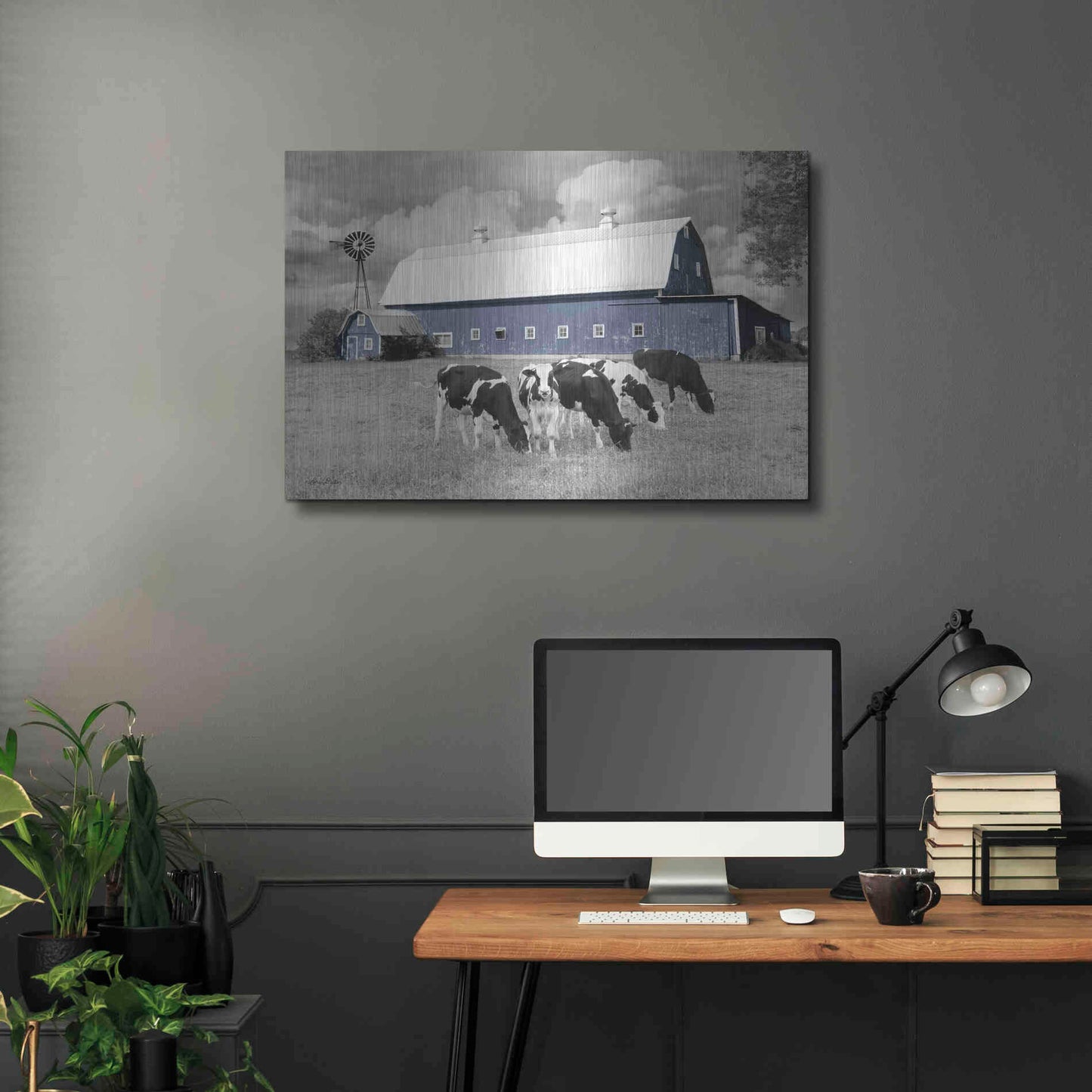 Luxe Metal Art 'Blue Barn with Cows' by Lori Deiter, Metal Wall Art,36x24