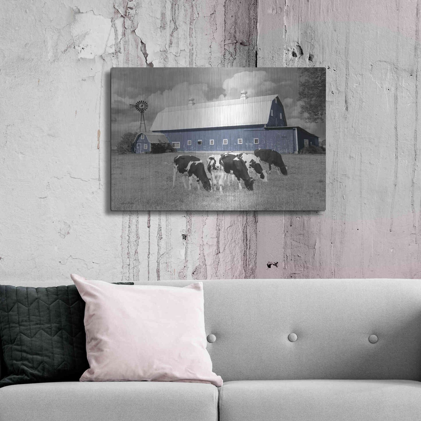 Luxe Metal Art 'Blue Barn with Cows' by Lori Deiter, Metal Wall Art,36x24