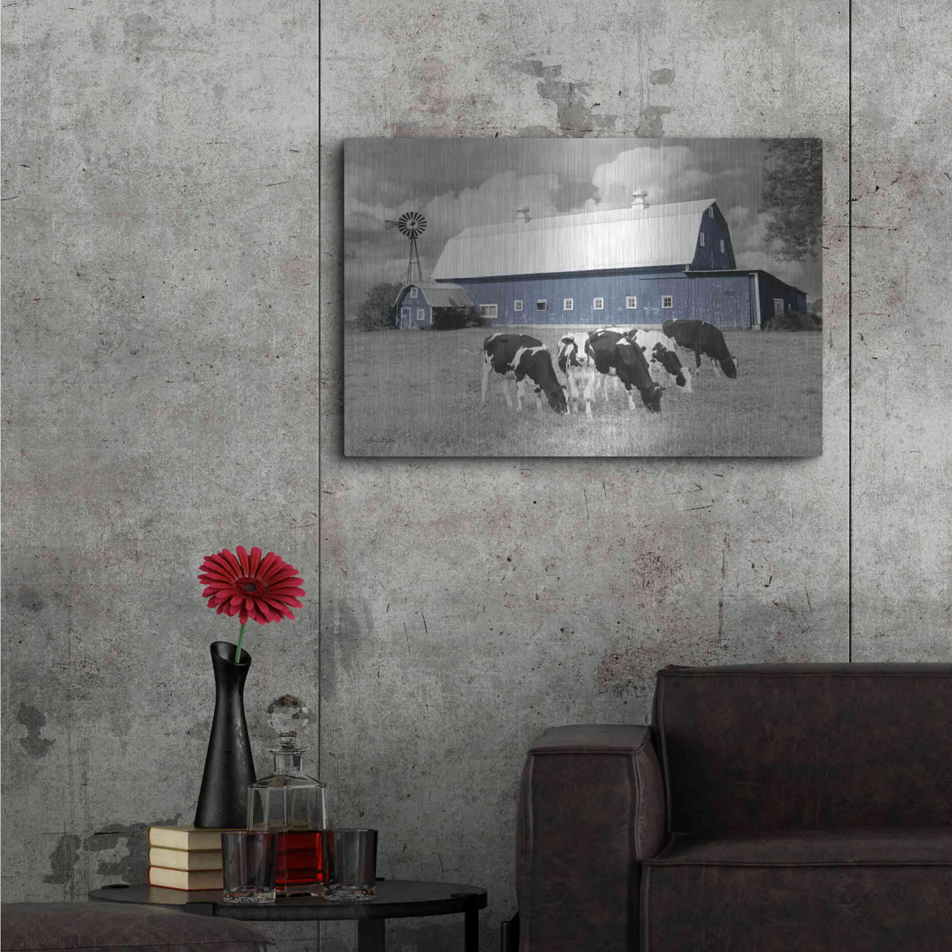 Luxe Metal Art 'Blue Barn with Cows' by Lori Deiter, Metal Wall Art,36x24