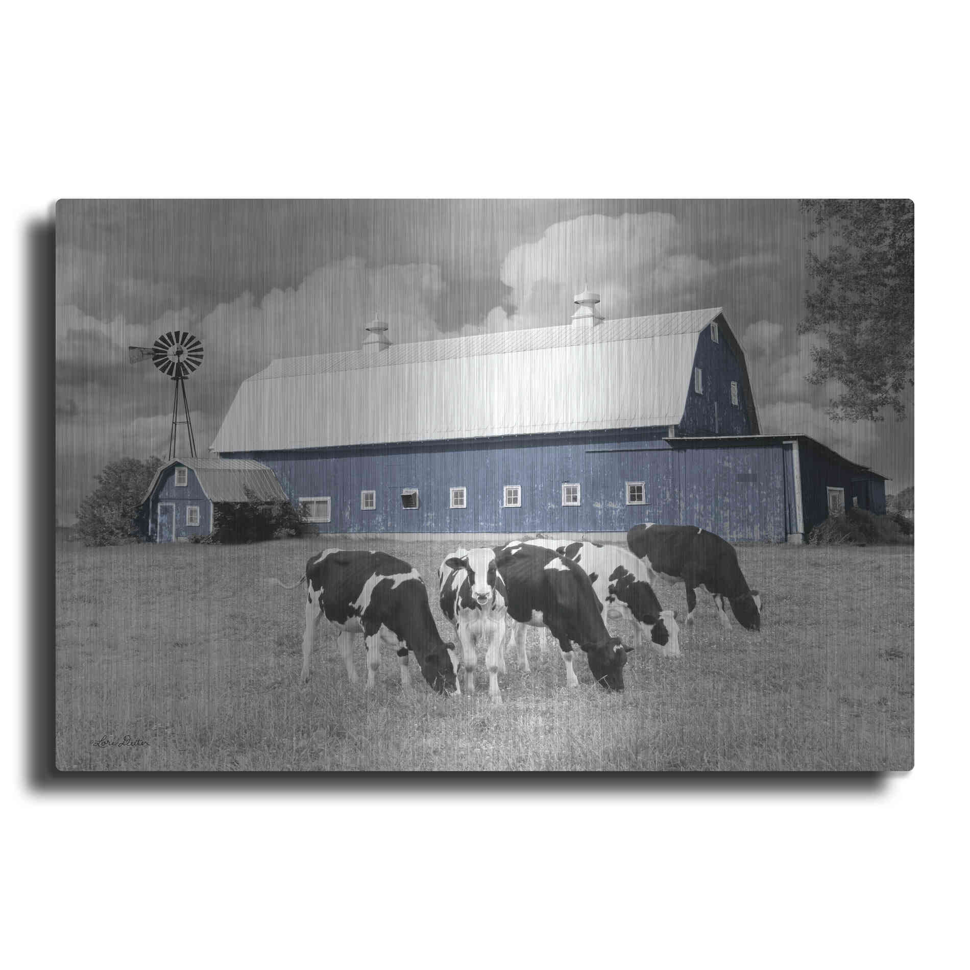 Luxe Metal Art 'Blue Barn with Cows' by Lori Deiter, Metal Wall Art