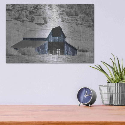 Luxe Metal Art 'Blue Barn II' by Lori Deiter, Metal Wall Art,16x12