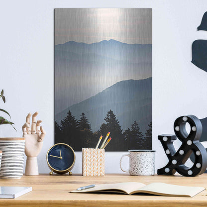 Luxe Metal Art 'Misty Blue Mountains' by Lori Deiter, Metal Wall Art,12x16