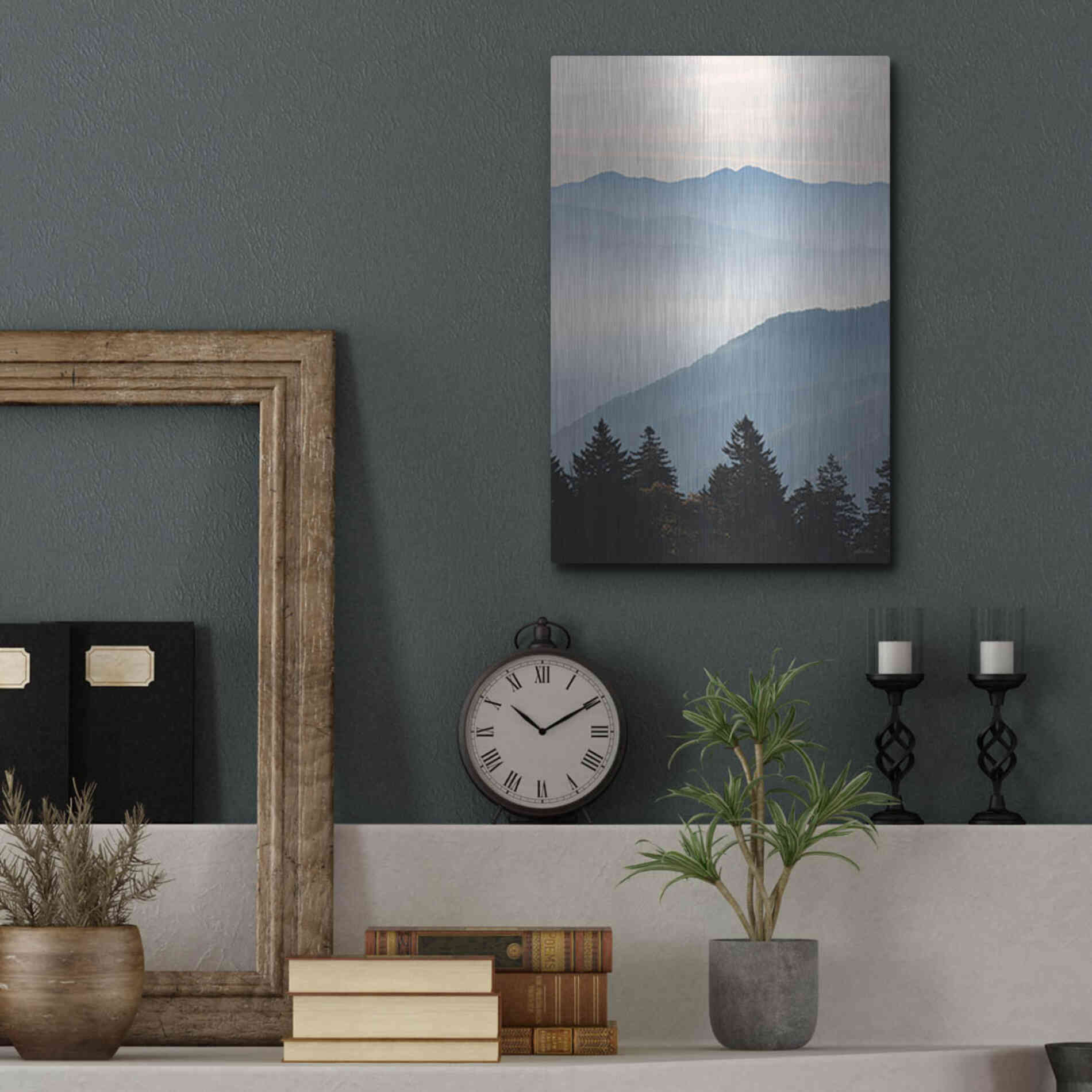 Luxe Metal Art 'Misty Blue Mountains' by Lori Deiter, Metal Wall Art,12x16