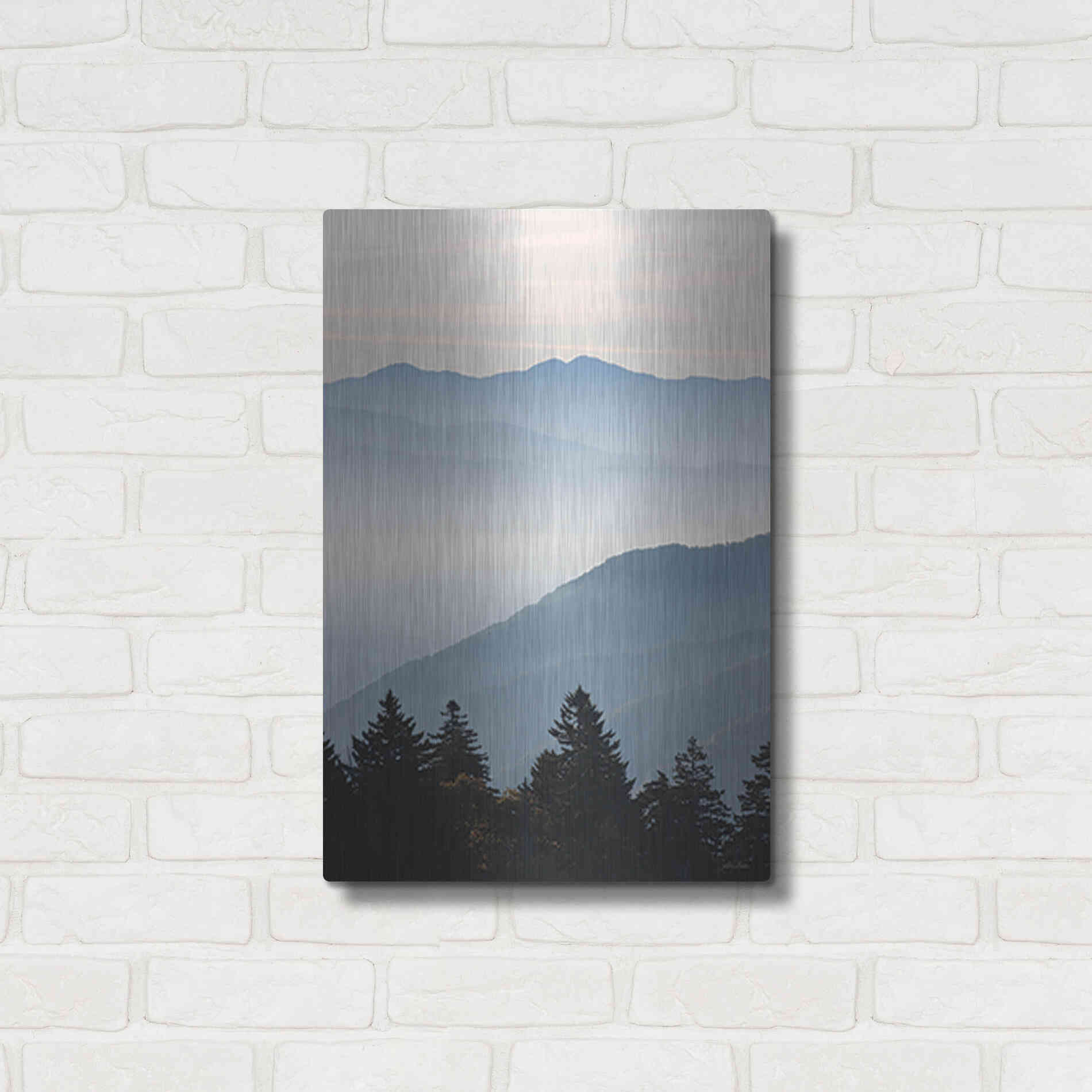 Luxe Metal Art 'Misty Blue Mountains' by Lori Deiter, Metal Wall Art,16x24