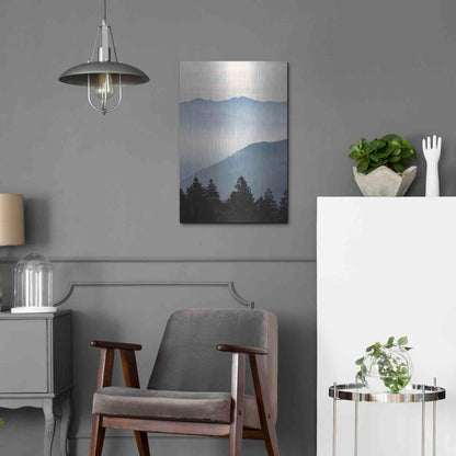 Luxe Metal Art 'Misty Blue Mountains' by Lori Deiter, Metal Wall Art,16x24