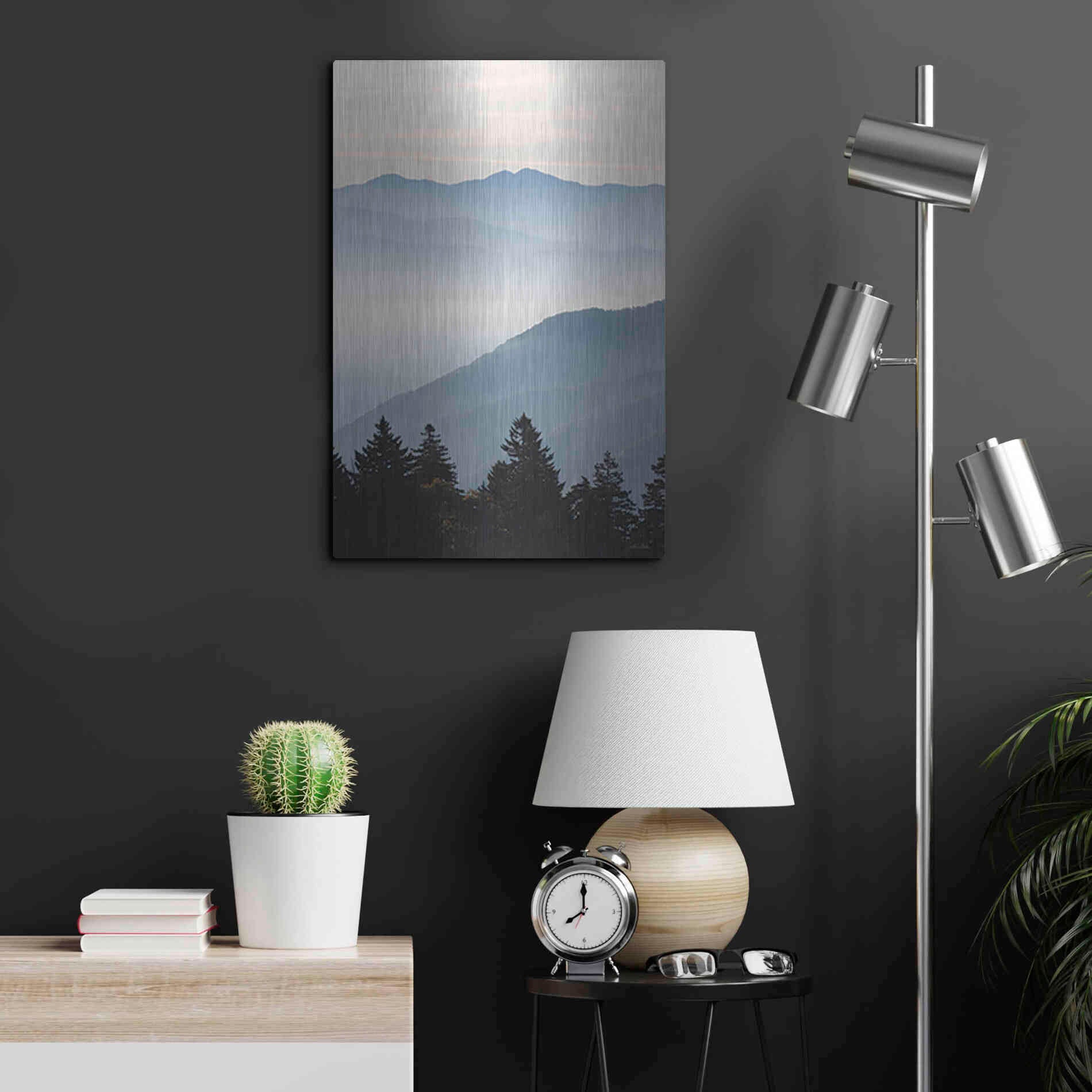 Luxe Metal Art 'Misty Blue Mountains' by Lori Deiter, Metal Wall Art,16x24