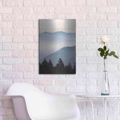 Luxe Metal Art 'Misty Blue Mountains' by Lori Deiter, Metal Wall Art,16x24