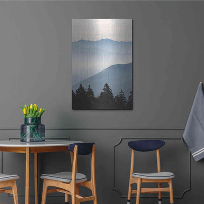 Luxe Metal Art 'Misty Blue Mountains' by Lori Deiter, Metal Wall Art,24x36