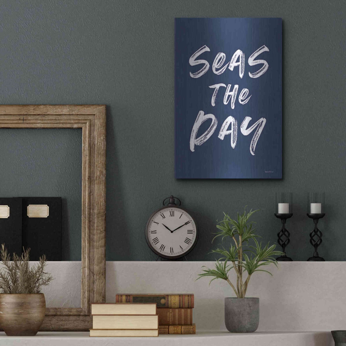 Luxe Metal Art 'Seas the Day Navy' by Lettered & Lined, Metal Wall Art,12x16