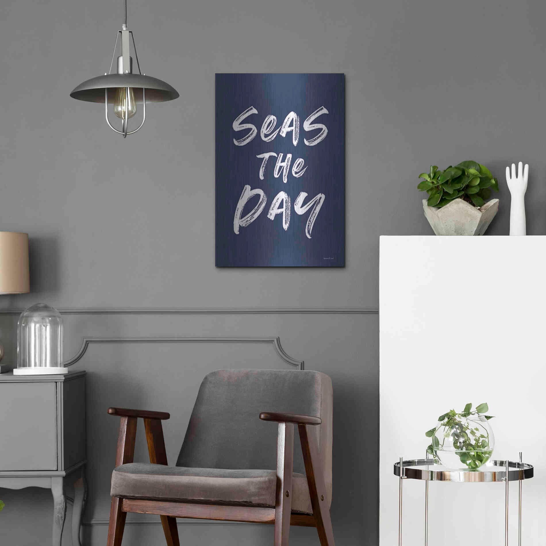 Luxe Metal Art 'Seas the Day Navy' by Lettered & Lined, Metal Wall Art,16x24