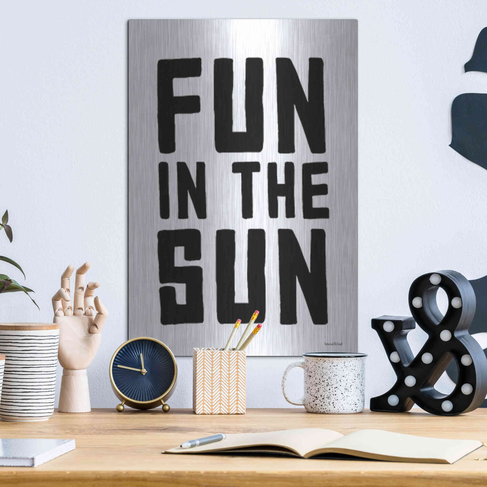 Luxe Metal Art 'Fun in the Sun Black and White' by Lettered & Lined, Metal Wall Art,12x16