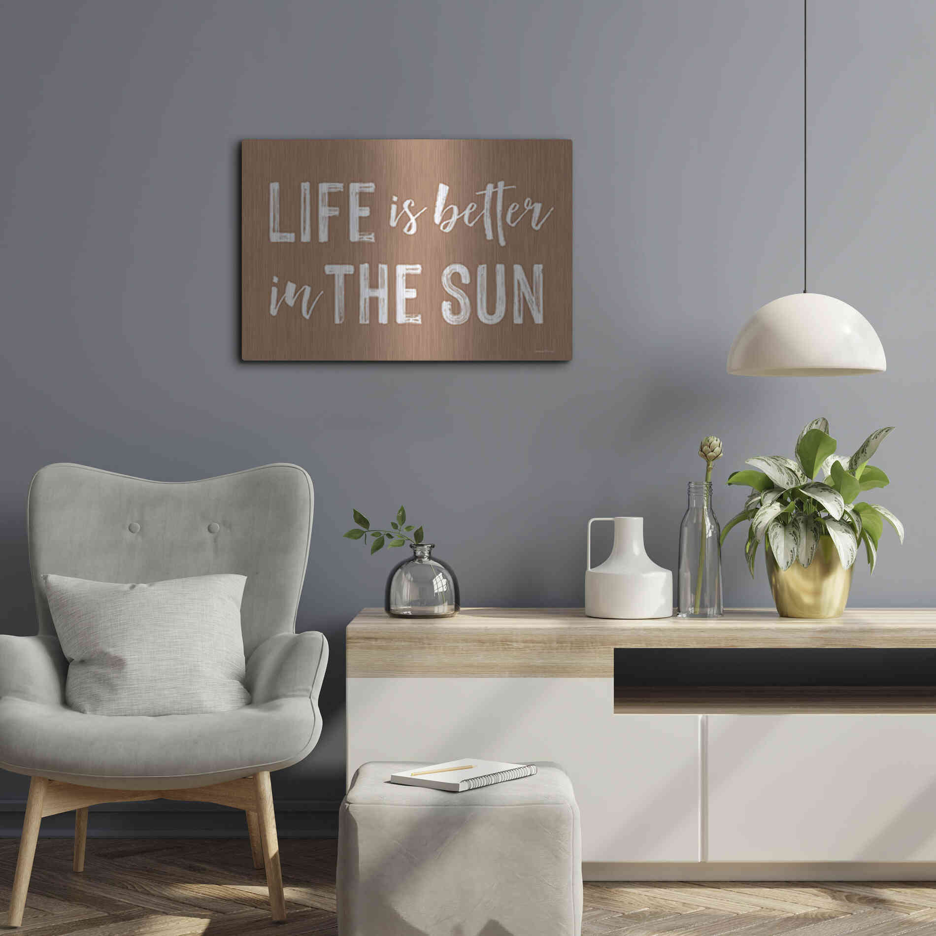 Luxe Metal Art 'Life is Better in the Sun Brown' by Lettered & Lined, Metal Wall Art,24x16