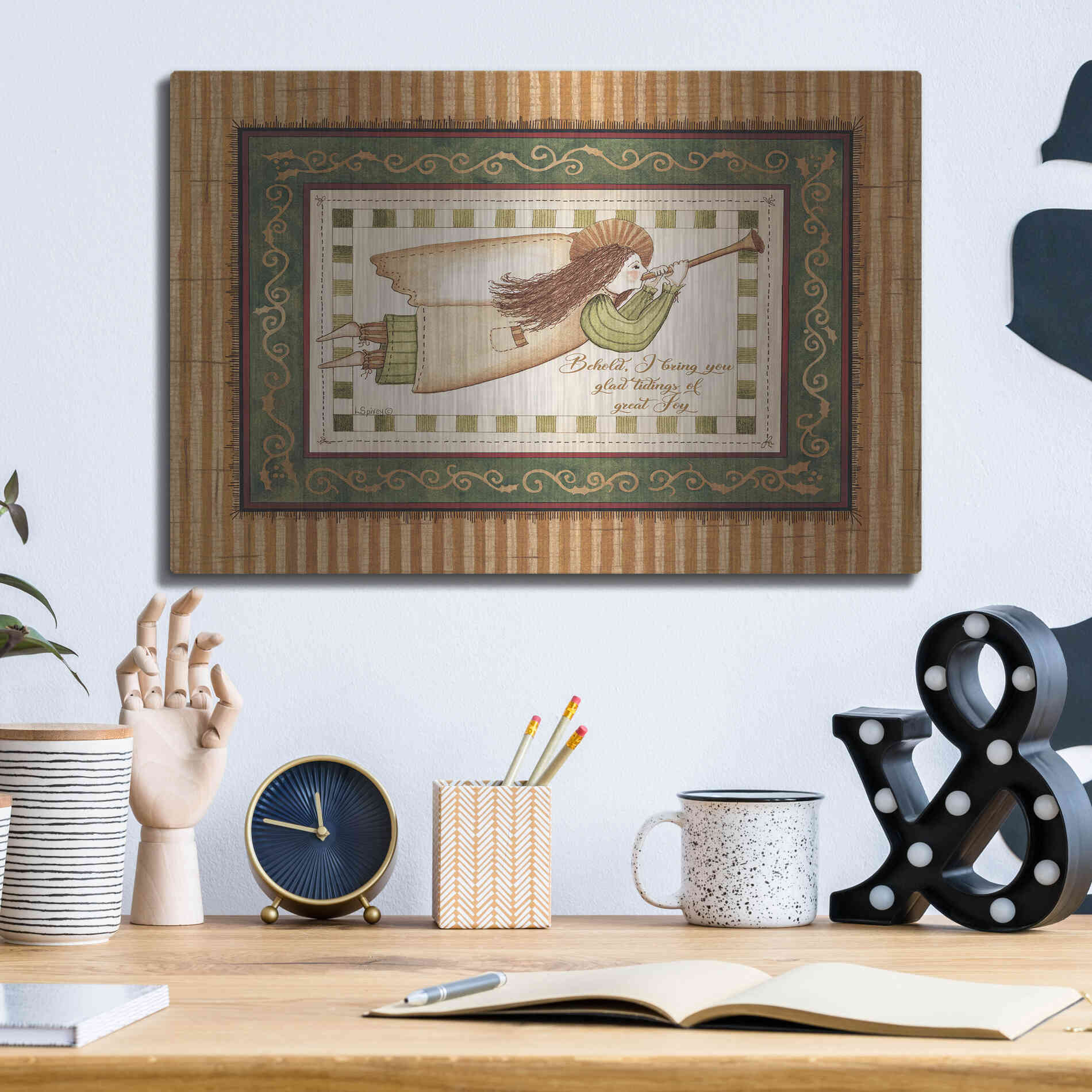 Luxe Metal Art 'Angel with Trumpet' by Linda Spivey, Metal Wall Art,16x12