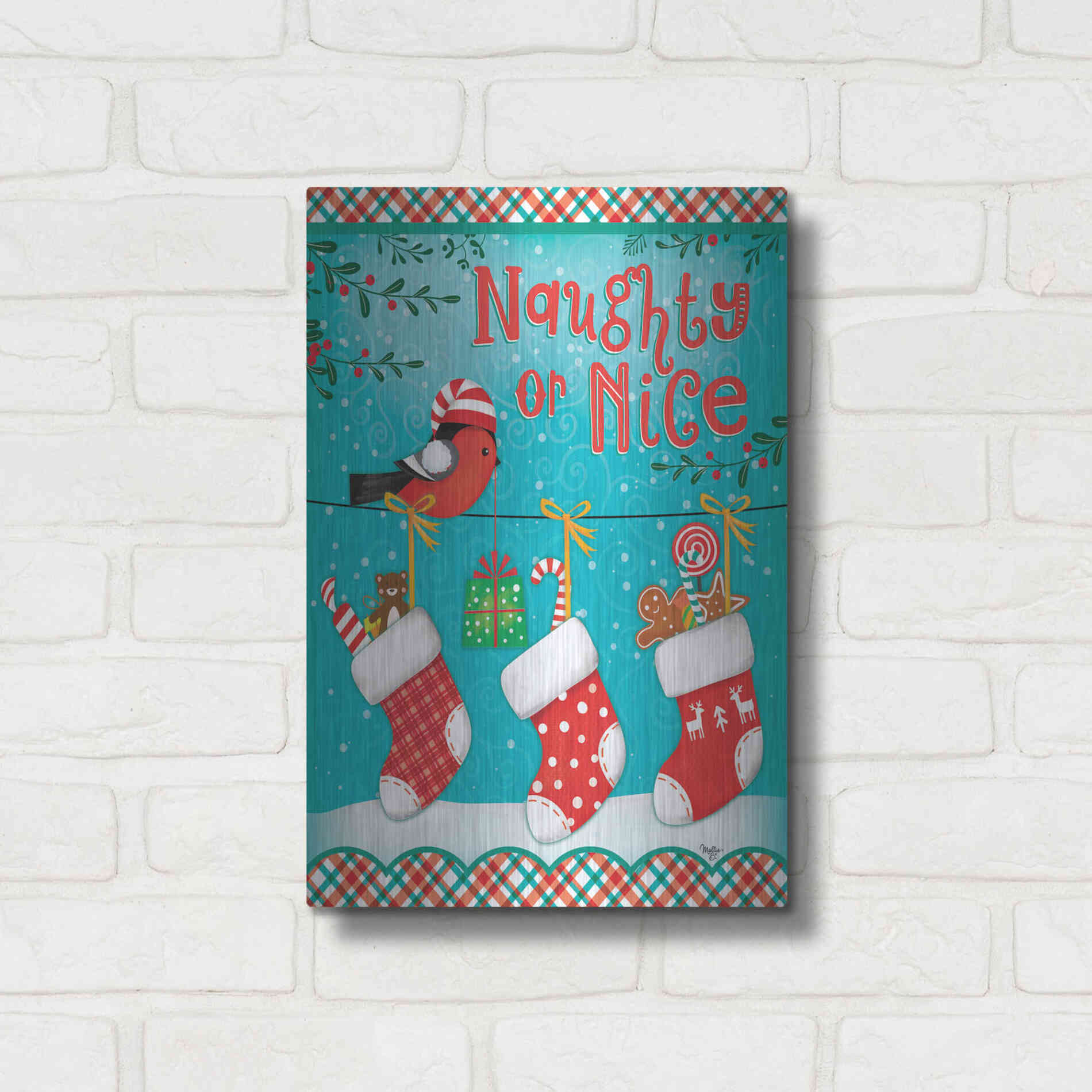 Luxe Metal Art 'Christmas Stocking' by Mollie B., Metal Wall Art,12x16