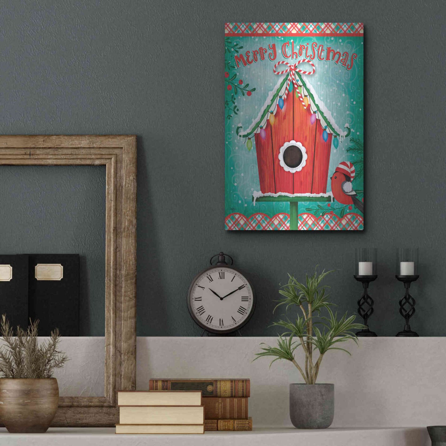 Luxe Metal Art 'Christmas Birdhouse' by Mollie B., Metal Wall Art,12x16