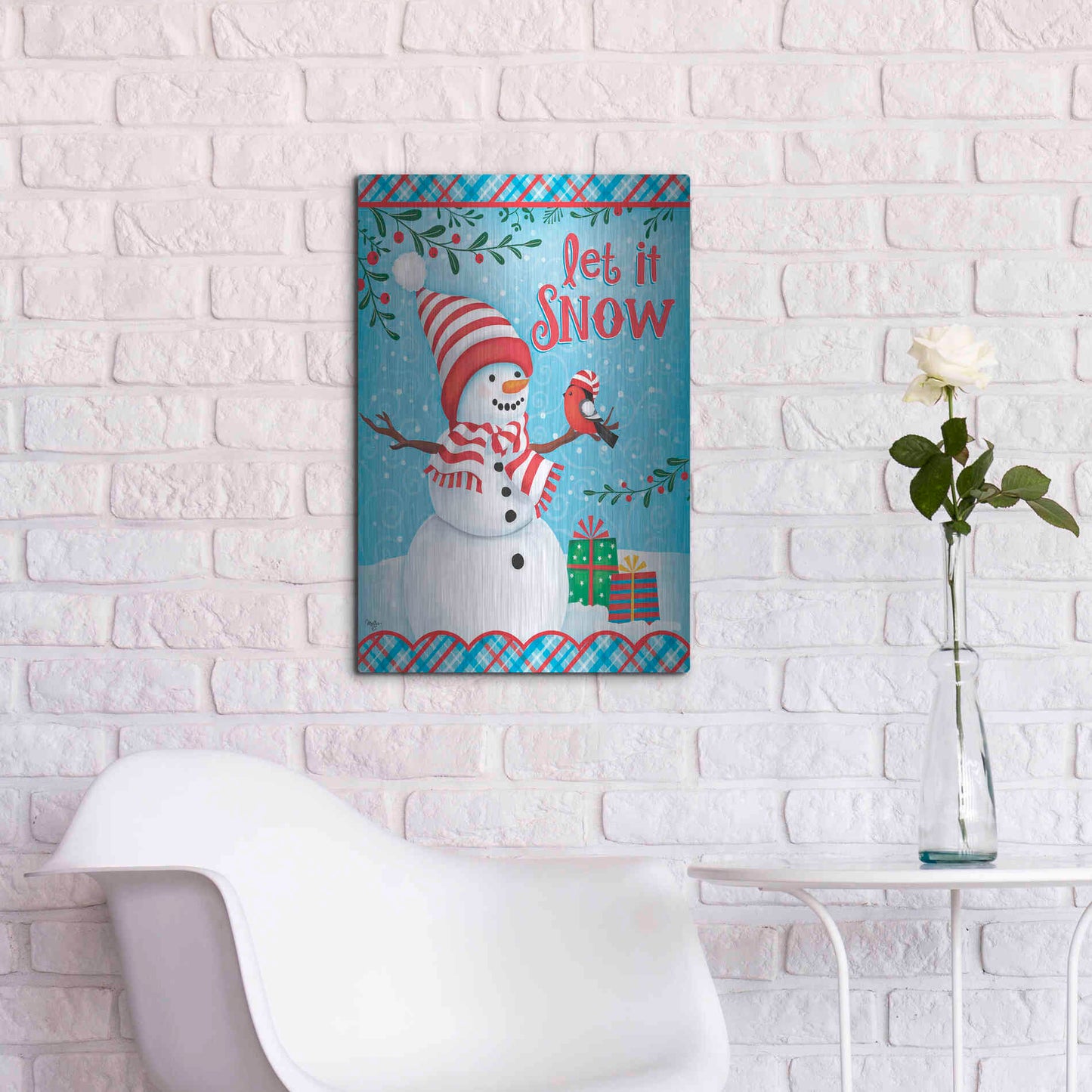 Luxe Metal Art 'Snowman and Bird' by Mollie B., Metal Wall Art,16x24