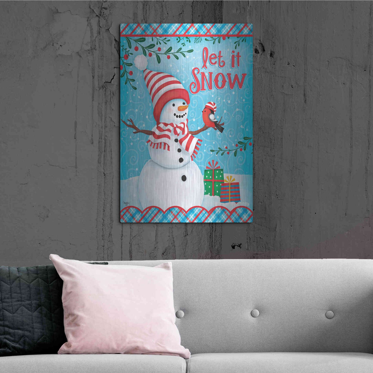 Luxe Metal Art 'Snowman and Bird' by Mollie B., Metal Wall Art,24x36