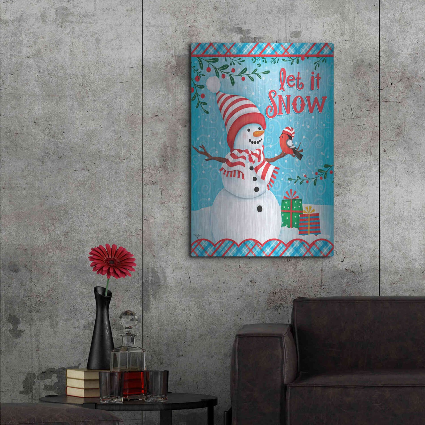 Luxe Metal Art 'Snowman and Bird' by Mollie B., Metal Wall Art,24x36