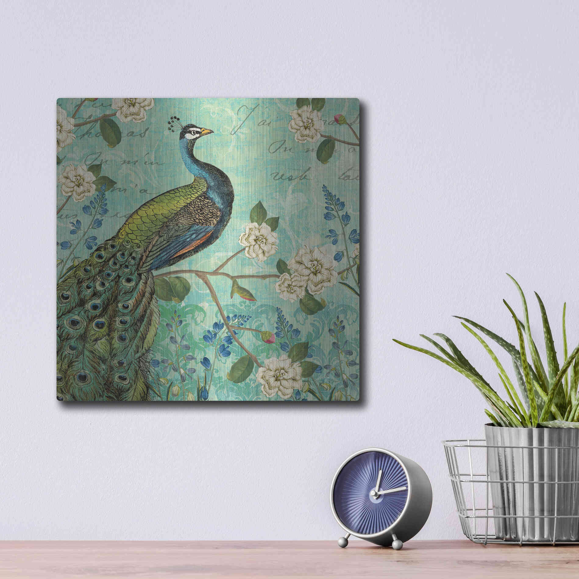 Luxe Metal Art 'Peacock Arbor V Blue' by Sue Schlabach, Metal Wall Art,12x12