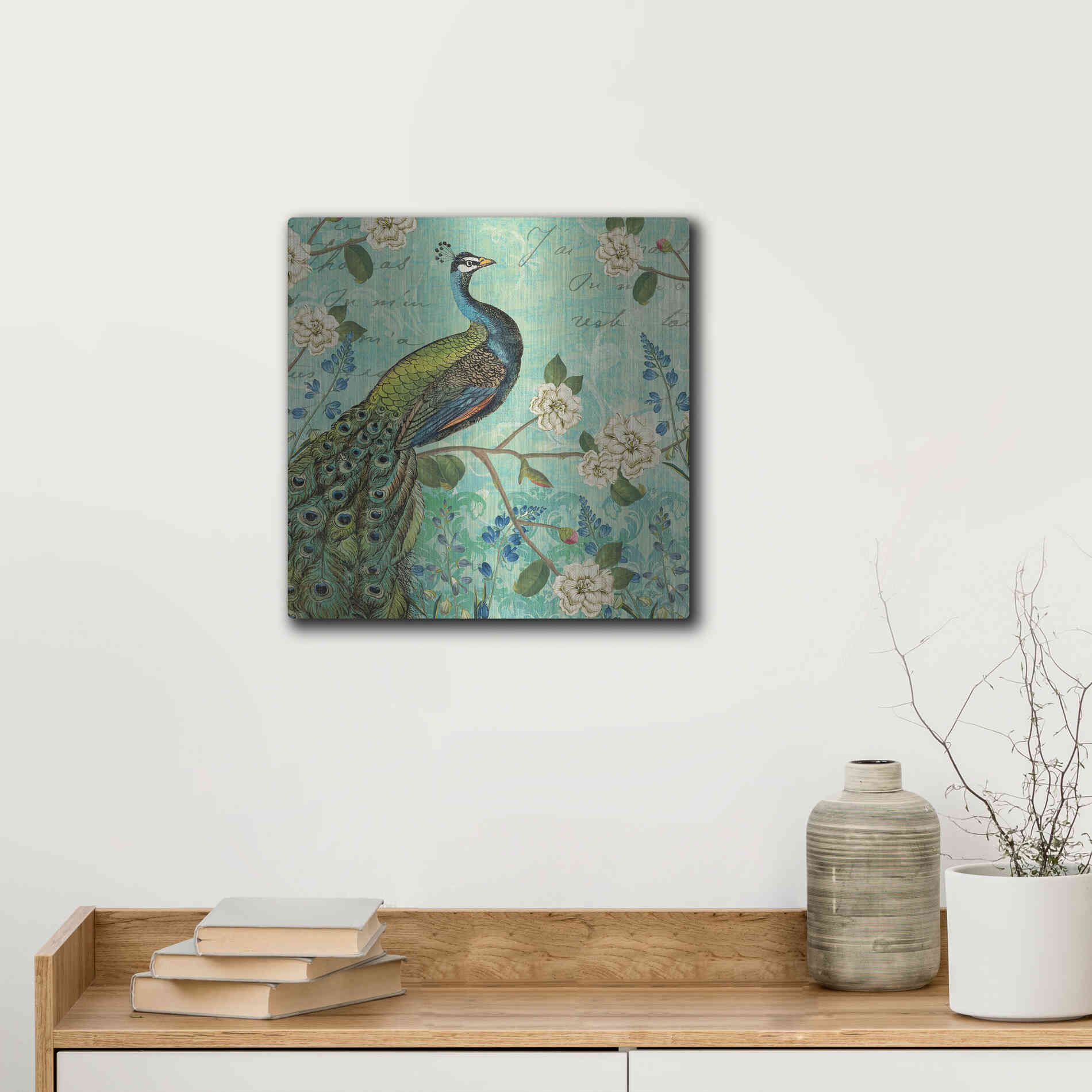 Luxe Metal Art 'Peacock Arbor V Blue' by Sue Schlabach, Metal Wall Art,12x12