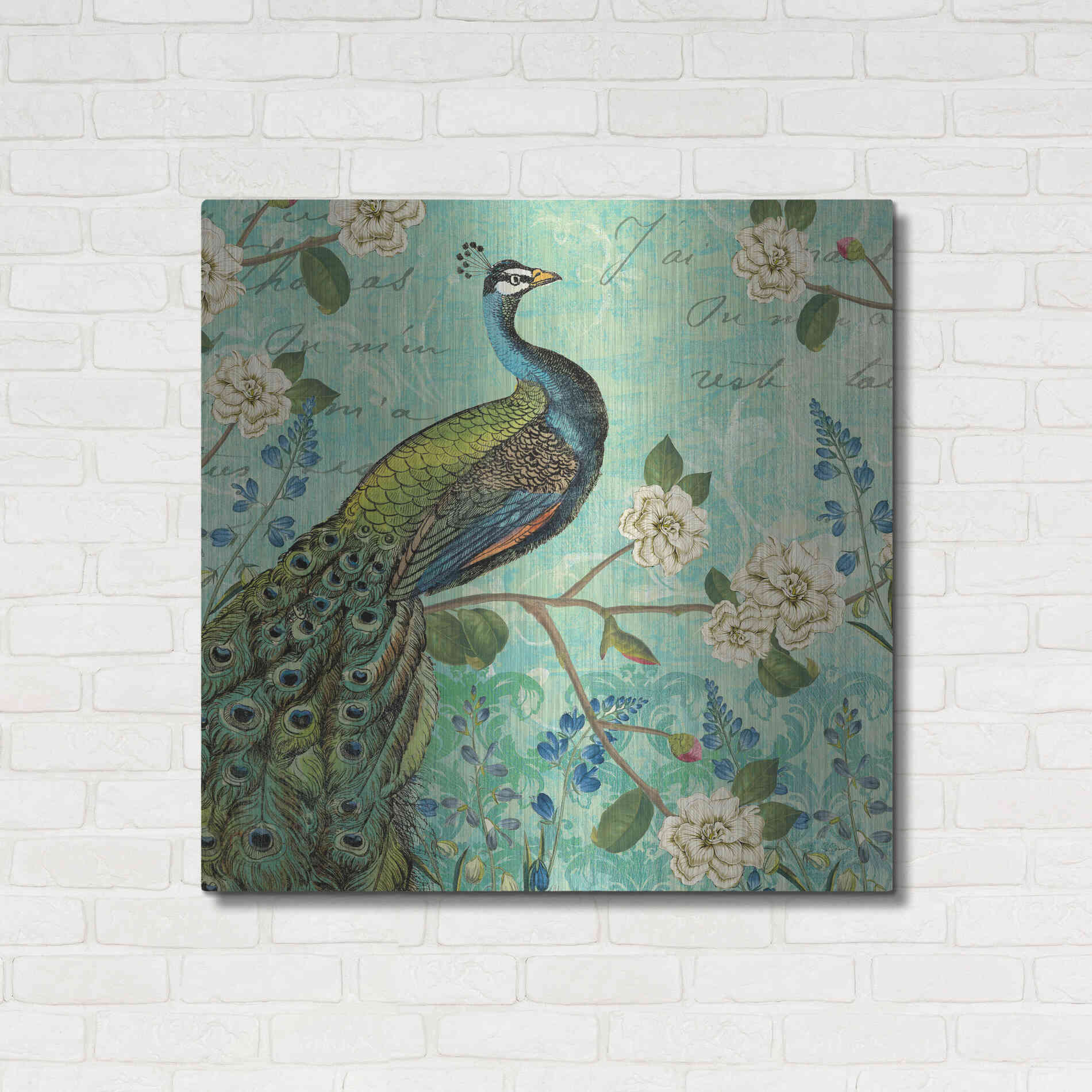 Luxe Metal Art 'Peacock Arbor V Blue' by Sue Schlabach, Metal Wall Art,36x36