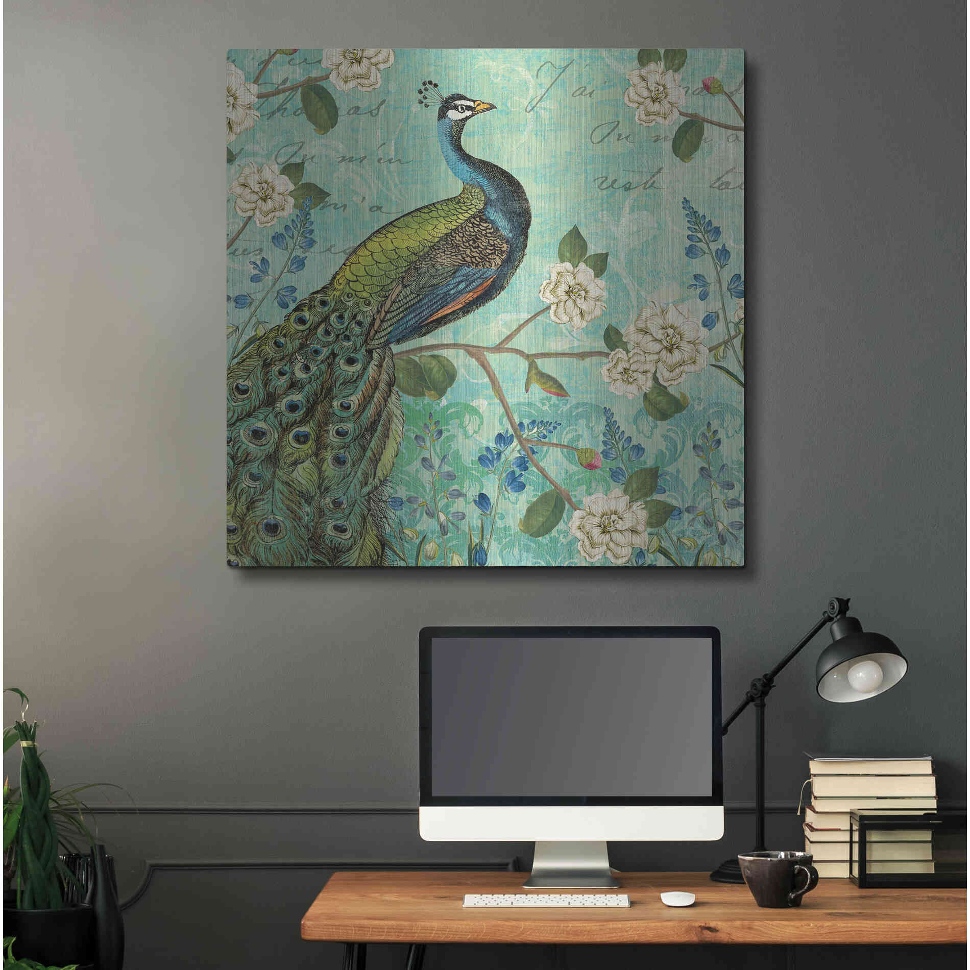 Luxe Metal Art 'Peacock Arbor V Blue' by Sue Schlabach, Metal Wall Art,36x36