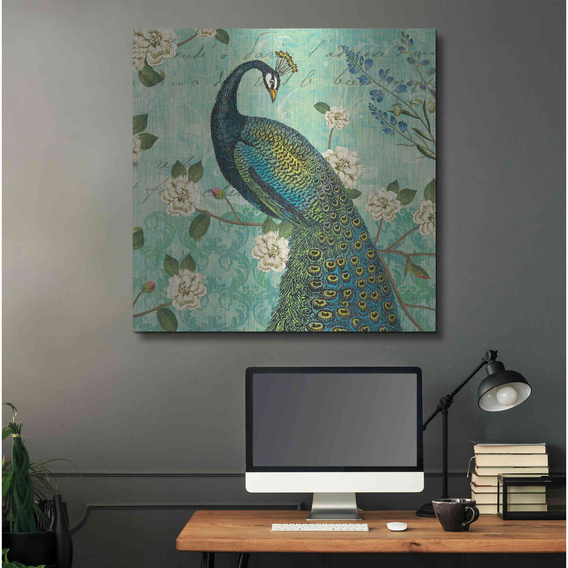 Luxe Metal Art 'Peacock Arbor VI Blue' by Sue Schlabach, Metal Wall Art,36x36