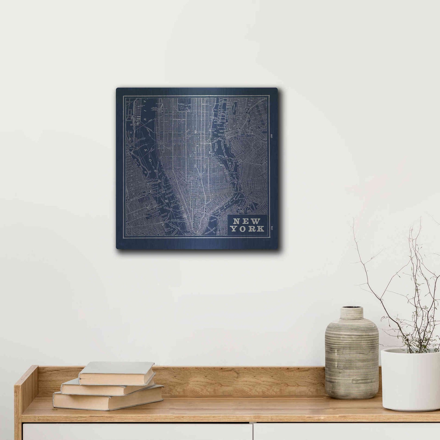 Luxe Metal Art 'Blueprint Map New York Square' by Sue Schlabach, Metal Wall Art,12x12