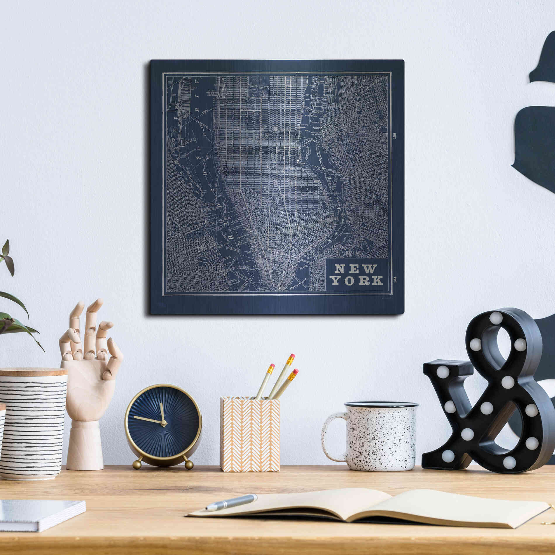 Luxe Metal Art 'Blueprint Map New York Square' by Sue Schlabach, Metal Wall Art,12x12