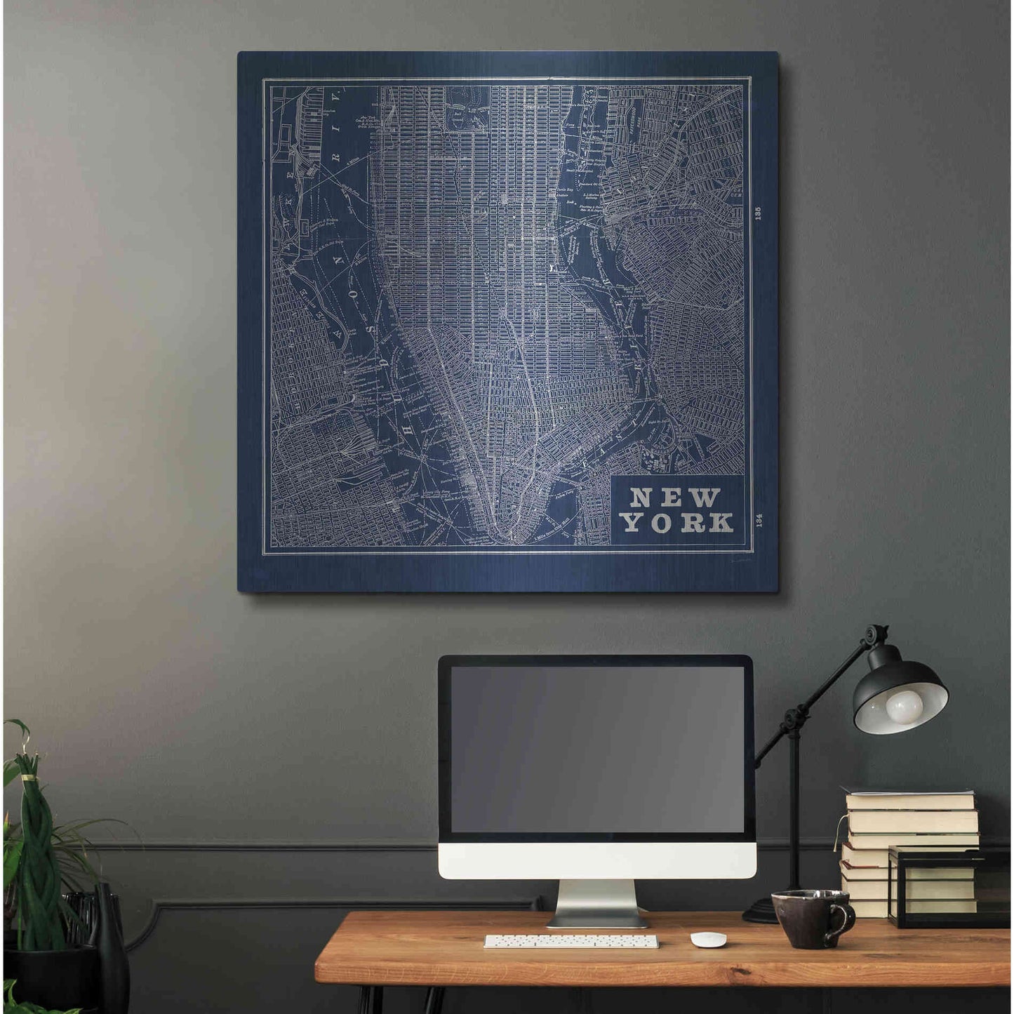 Luxe Metal Art 'Blueprint Map New York Square' by Sue Schlabach, Metal Wall Art,36x36