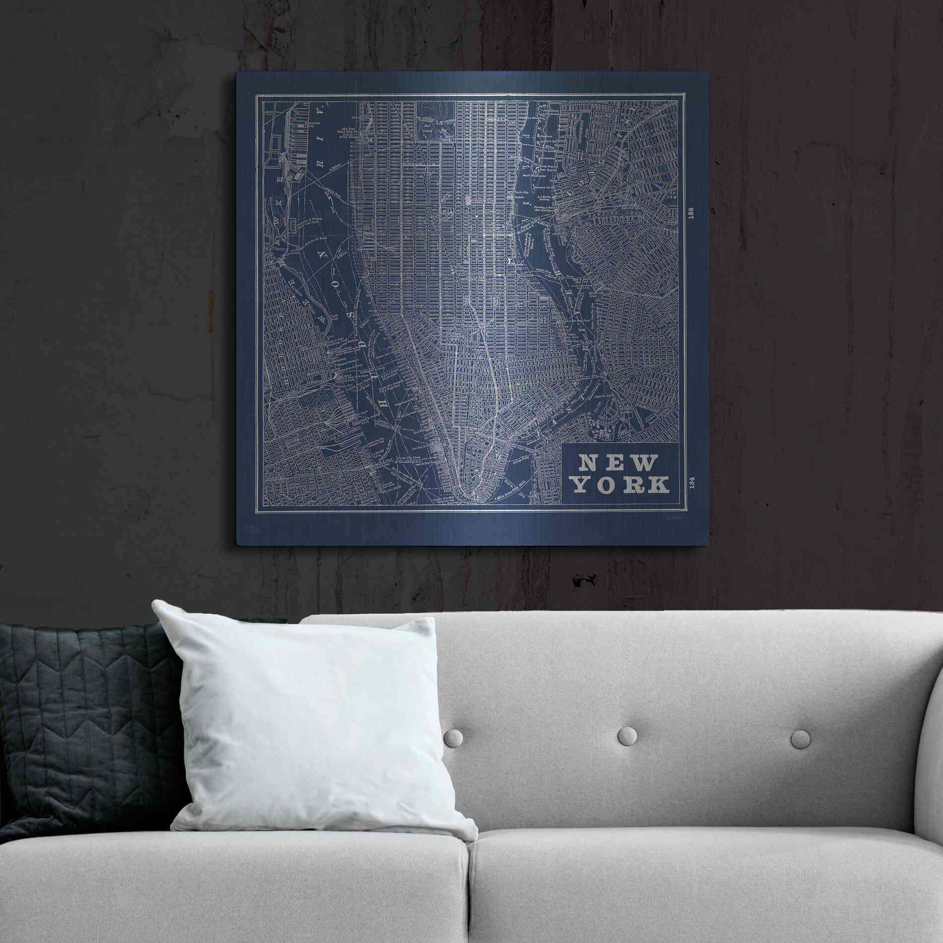 Luxe Metal Art 'Blueprint Map New York Square' by Sue Schlabach, Metal Wall Art,36x36