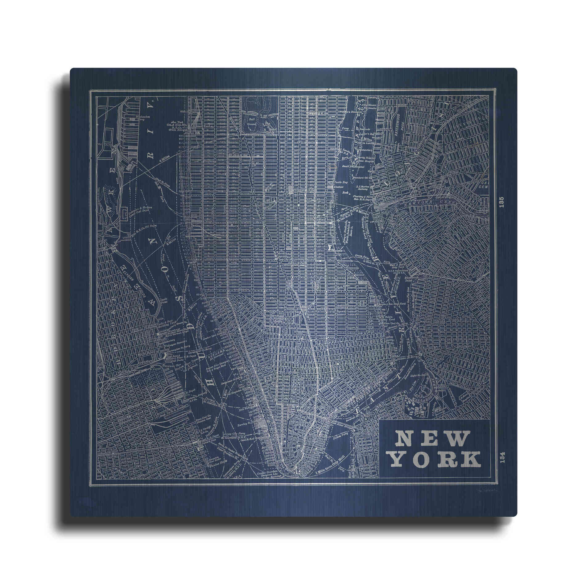 Luxe Metal Art 'Blueprint Map New York Square' by Sue Schlabach, Metal Wall Art