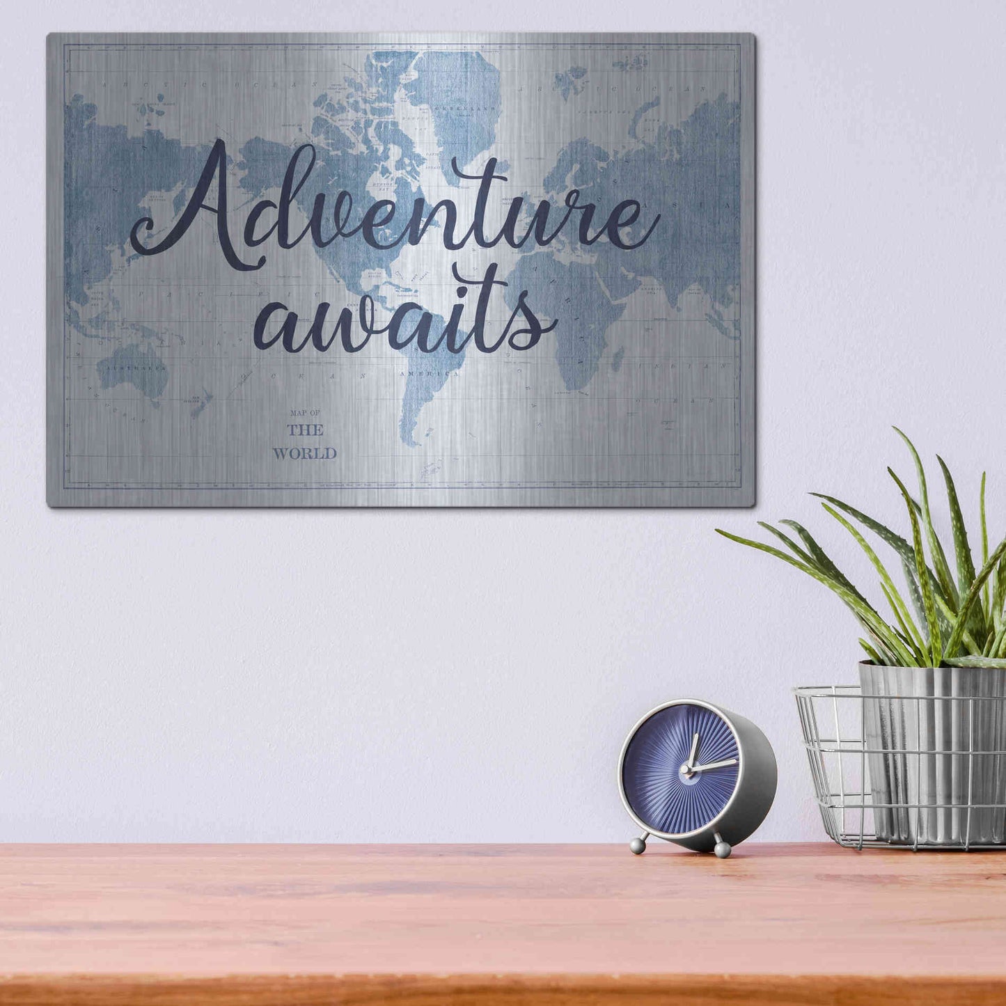 Luxe Metal Art 'World Map White and Blue v2' by Sue Schlabach, Metal Wall Art,16x12