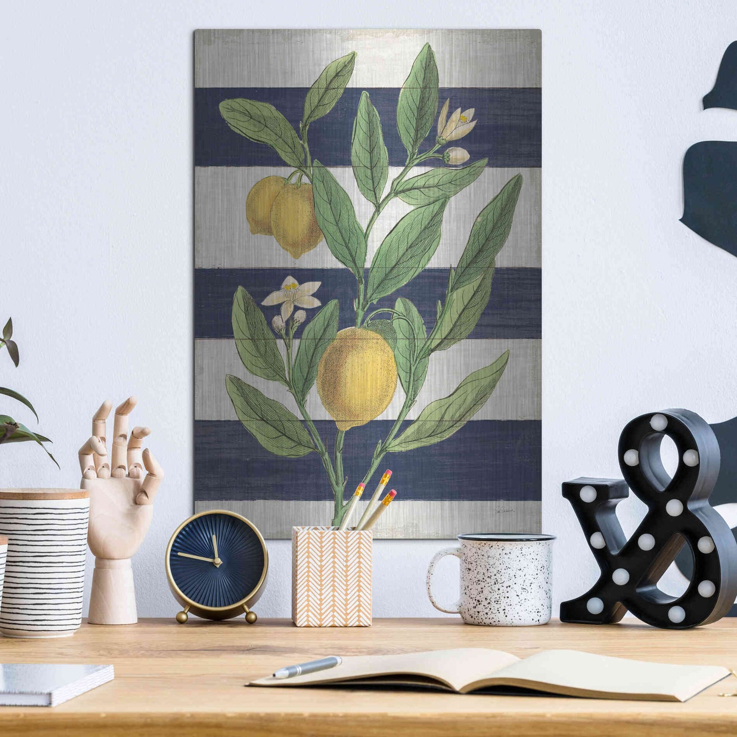 Luxe Metal Art 'Classic Citrus V Navy Shiplap NW' by Sue Schlabach, Metal Wall Art,12x16